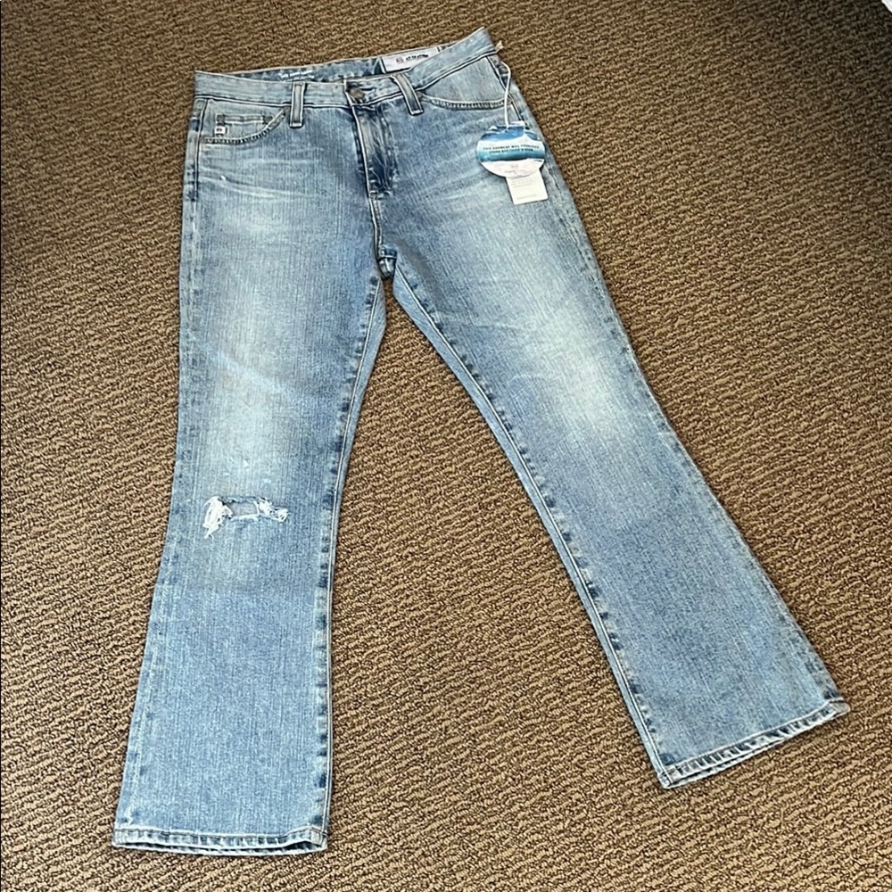 Ag Adriano Goldschmied Blue Flare Wide Leg Jeans with Distressed Details